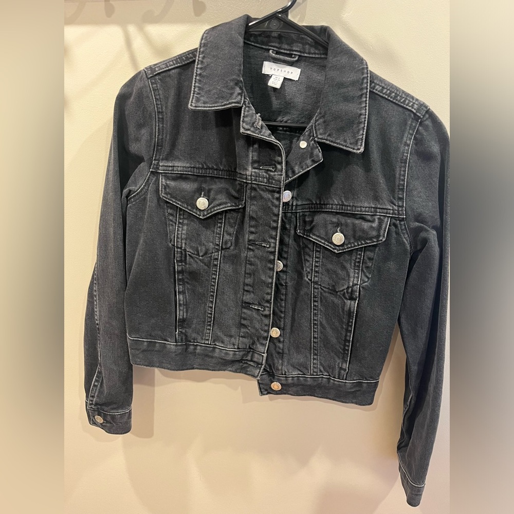 Top Shop US2 Black Distressed Wash Jean Jacket